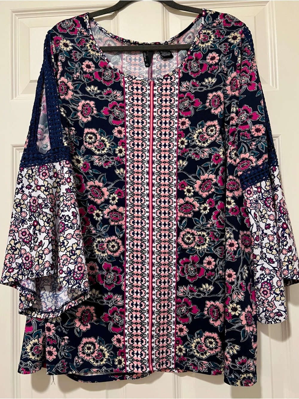 New directions Navy Floral Bell-Sleeve Blouse with Pink Accents